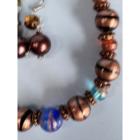 Copper Blue Green Orange Venetian Glass Beaded Necklace & Earrings Set - Picture 10 of 10